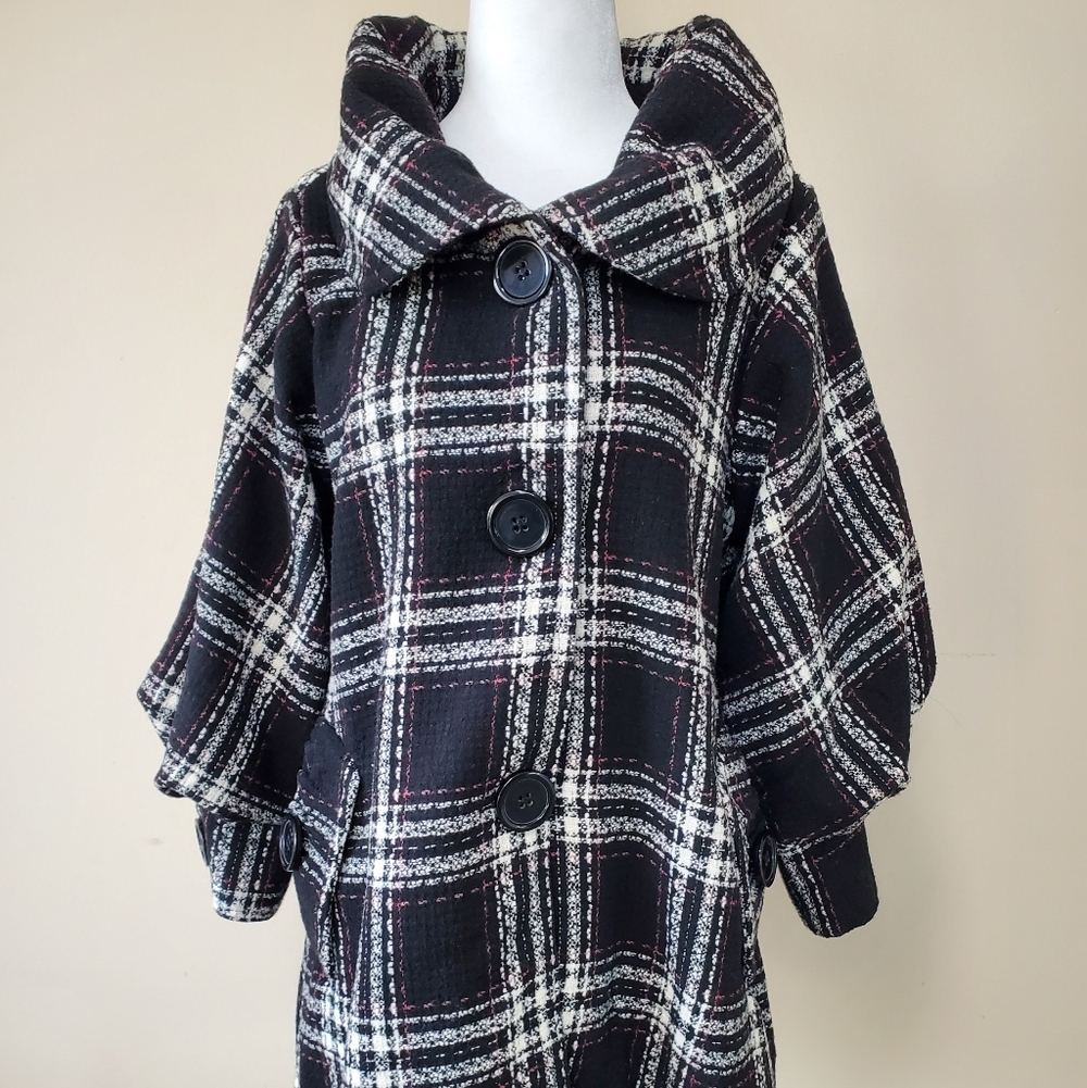 Hazel Black and White Plaid Cape Coat